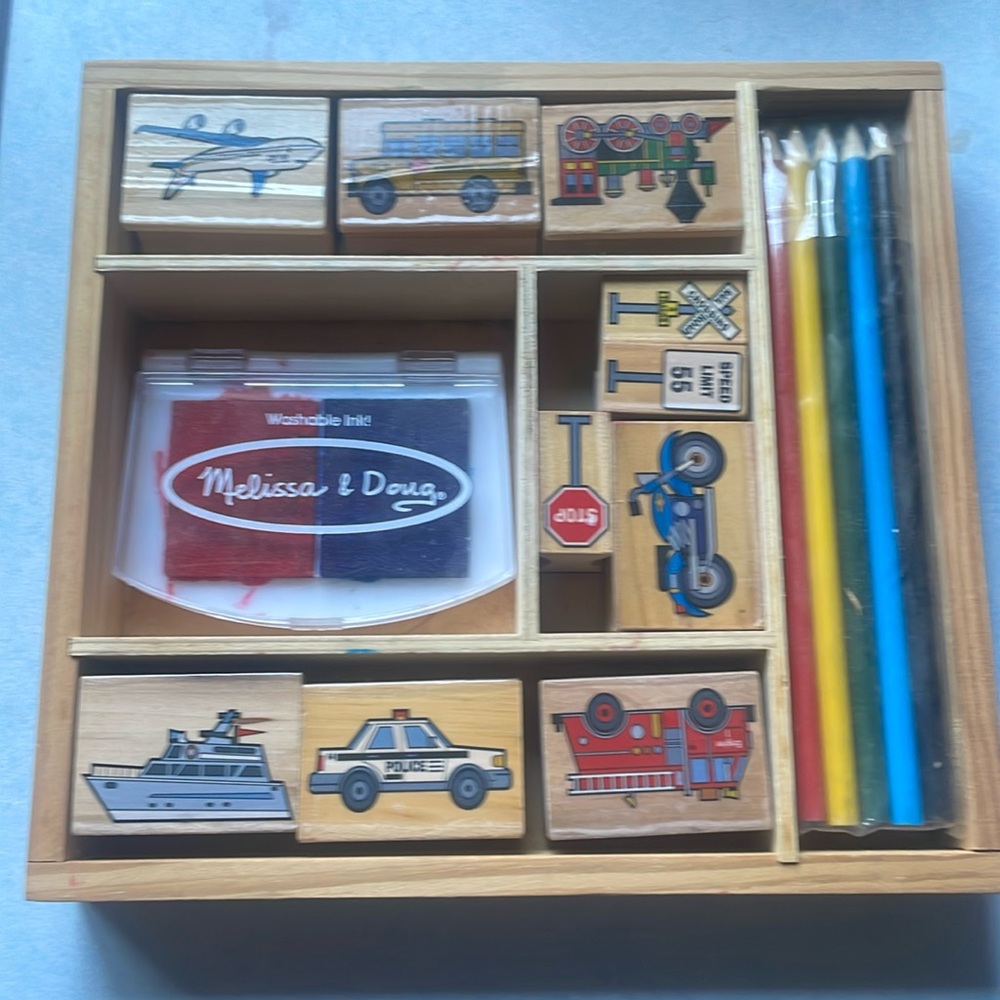 Stamp set with colored pencils